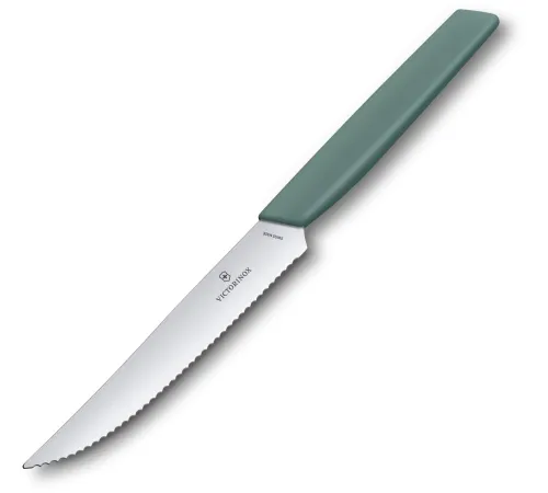 Нож кухонный Victorinox Swiss Modern (6.9006.12W43) стальной столовый для стейка лезв.120мм серрейт. заточка шалфей Нож кухонный Victorinox Swiss Modern (6.9006.12W43) стальной столовый для стейка лезв.120мм серрейт. заточка шалфей