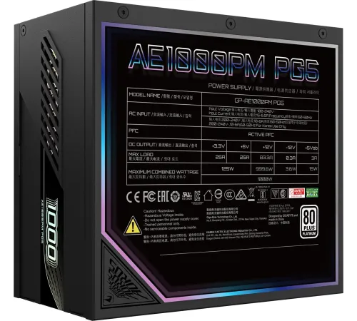 Блок питания Gigabyte ATX 1000W GP-AE1000PM PG5 Gen.5 80+ platinum (20+4pin) APFC 120mm fan 16xSATA Cab Manag RTL