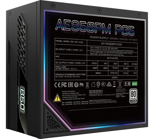 Блок питания Gigabyte ATX 850W AORUS ELITE GP-AE850PM PG5 Gen.5 80+ platinum (20+4pin) APFC 120mm fan 16xSATA Cab Manag RTL