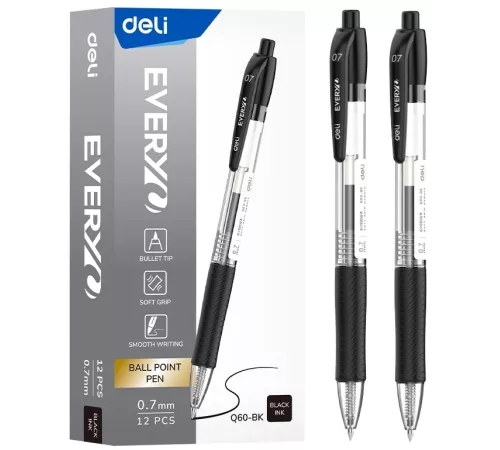 Ручка шариков. автоматическая Deli Every EQ60-BK прозрачный/черный d=0.7мм черн. черн. кругл. резин. манжета