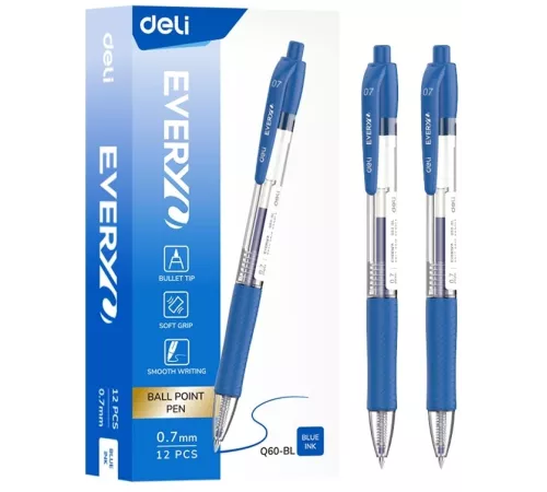 Ручка шариков. автоматическая Deli Every EQ60-BL прозрачный/синий d=0.7мм син. черн. кругл. резин. манжета