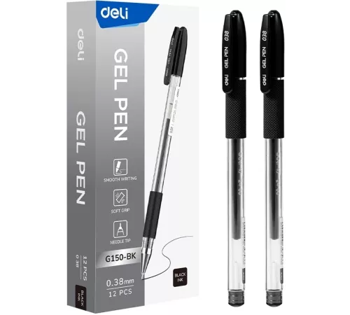 Ручка гелев. Deli EG150-BK прозрачный d=0.38мм черн. черн. игловидный пиш. наконечник резин. манжета