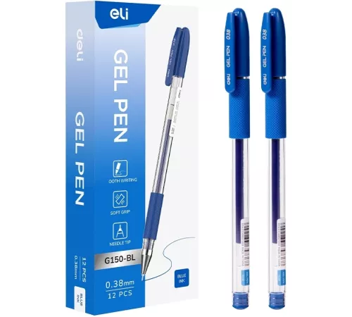 Ручка гелев. Deli EG150-BL прозрачный d=0.38мм син. черн. игловидный пиш. наконечник резин. манжета