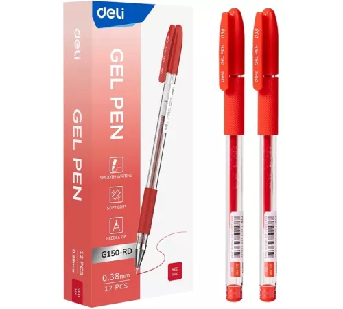 Ручка гелев. Deli EG150-RD прозрачный d=0.38мм красн. черн. игловидный пиш. наконечник резин. манжета
