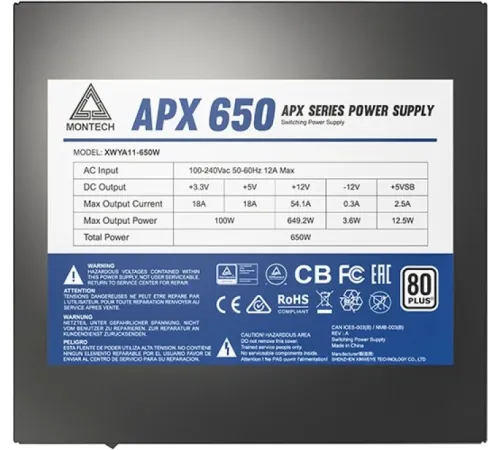 Блок питания Montech ATX 650W APX 650 80 PLUS WHITE (20+4pin) APFC 120mm fan 6xSATA Cab Manag RTL