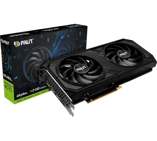 Видеокарта Palit PCI-E 4.0 RTX4070 DUAL NVIDIA GeForce RTX 4070 12Gb 192bit GDDR6 1920/20000 HDMIx1 DPx3 HDCP Ret Видеокарта Palit PCI-E 4.0 RTX4070 DUAL NVIDIA GeForce RTX 4070 12Gb 192bit GDDR6 1920/20000 HDMIx1 DPx3 HDCP Ret
