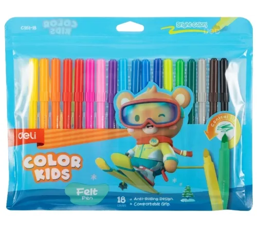 Фломастеры Deli EC161-18 Color Kids круг. конический пиш. наконечник Вентилируемый 18цв. пакет с европодвесом