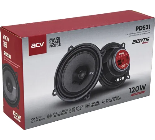 Колонки автомобильные ACV PD-521 BEATS (без решетки) 120Вт 88дБ 4Ом 13см (5дюйм) (ком.:2кол.) коаксиальные однополосные Колонки автомобильные ACV PD-521 BEATS (без решетки) 120Вт 88дБ 4Ом 13см (5дюйм) (ком.:2кол.) коаксиальные однополосные