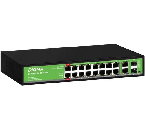 Коммутатор Digma DSP216G-2G-2S-R300 (L2) 18x1Гбит/с 2SFP 16PoE 16PoE+ 2PoE++ 300W неуправляемый