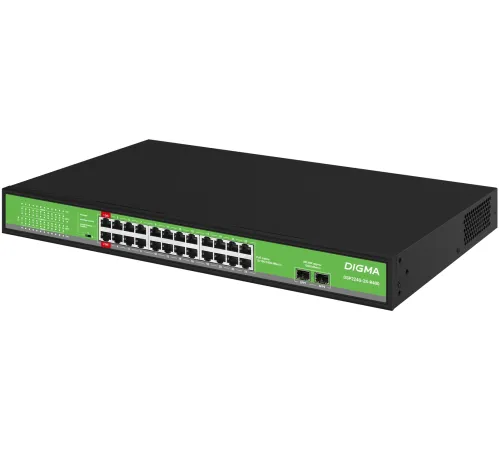 Коммутатор Digma DSP224G-2S-R400 (L2) 24x1Гбит/с 2SFP 24PoE 24PoE+ 2PoE++ 400W неуправляемый Коммутатор Digma DSP224G-2S-R400 (L2) 24x1Гбит/с 2SFP 24PoE 24PoE+ 2PoE++ 400W неуправляемый