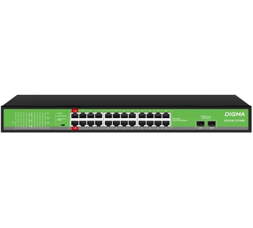 Коммутатор Digma DSP224G-2S-R400 (L2) 24x1Гбит/с 2SFP 24PoE 24PoE+ 2PoE++ 400W неуправляемый Коммутатор Digma DSP224G-2S-R400 (L2) 24x1Гбит/с 2SFP 24PoE 24PoE+ 2PoE++ 400W неуправляемый