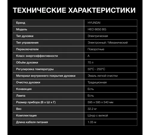 Духовой шкаф Электрический Hyundai HEO 6650 BG черный