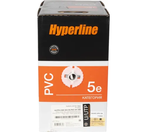 Кабель информационный Hyperline UUTP4R-C5E-S24-IN-PVC-GY-305 кат.5E UTP 4 пары 24AWG PVC внутренний 305м серый