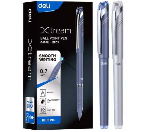Ручка шариков. Deli Xtream (EQ47-BL) d=0.7мм син. черн. карт.уп. игловидный пиш. наконечник резин. манжета чернила пониженной вязкости