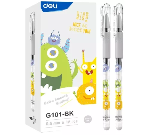 Ручка гелев. Deli EG101-BK прозрачный d=0.5мм черн. черн. карт.уп. игловидный пиш. наконечник резин. манжета