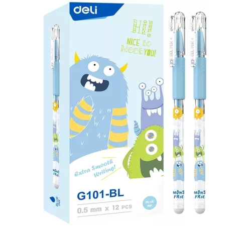 Ручка гелев. Deli EG101-BL прозрачный d=0.5мм син. черн. карт.уп. игловидный пиш. наконечник резин. манжета