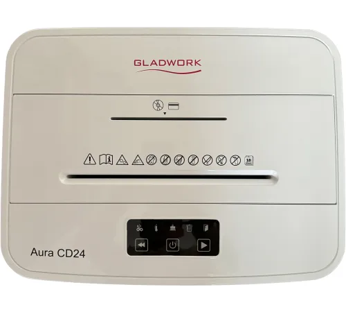 Шредер Gladwork Aura CD24 серый (секр.P-4) фрагменты 24лист. 25лтр. скрепки скобы пл.карты CD Шредер Gladwork Aura CD24 серый (секр.P-4) фрагменты 24лист. 25лтр. скрепки скобы пл.карты CD