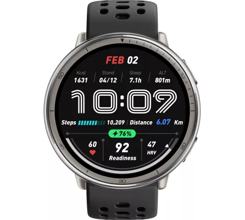 Смарт-часы Amazfit Active 2R A2437 43.9мм 1.32" AMOLED корп.серебристый рем.черный разм.брасл.:135-195мм (6970100377712)