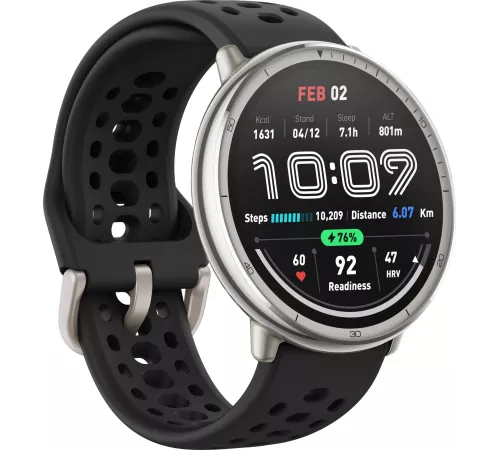 Смарт-часы Amazfit Active 2R A2437 43.9мм 1.32" AMOLED корп.серебристый рем.черный разм.брасл.:135-195мм (6970100377712)