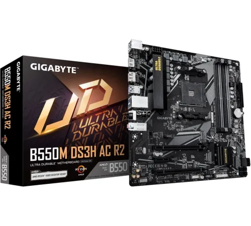 Материнская плата Gigabyte B550M DS3H AC R2 Soc-AM4 AMD B550 4xDDR4 mATX AC`97 8ch(7.1) GbLAN RAID+HDMI+DP