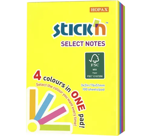 Блок самоклеящийся бумажный Stick`n Magic 21769 51x76мм 100лист. неон 4цв.в упак.