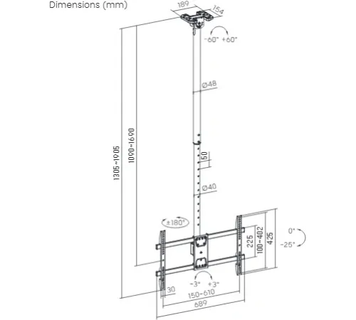 Кронштейн для телевизора Ultramounts UM961 черный 43"-86" макс.60кг потолочный поворот и наклон