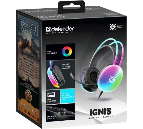 Гарнитура игровая DEFENDER (64441) Ignis черный, RGB, провод 2 м