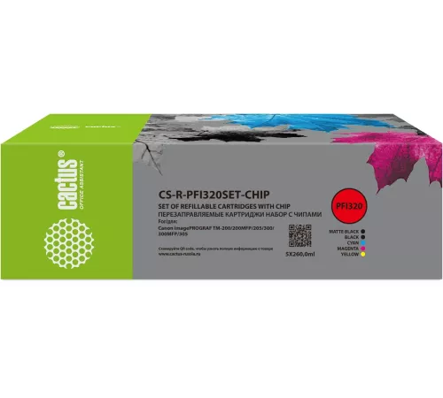 Картридж перезаправляемый струйный Cactus CS-R-PFI320SET-CHIP набор 5шт.упак. для Canon imagePROGRAF TM-200/200MFP/205/300/300MFP/305/250/255/350/355 с чипом