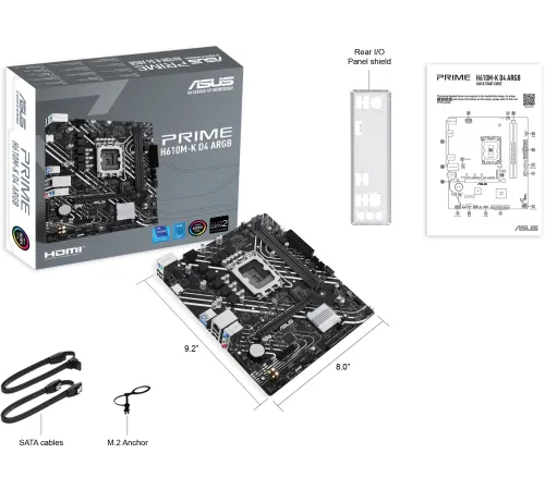 Материнская плата ASUS PRIME H610M-K D4 ARGB, LGA 1700, Intel H610, 2xDDR4, 4xSATA, 1xM.2, 1xPCIe 4.0 x16, 1xHDMI, 1x1Gb LAN, 2xUSB 5Gbps, 4xUSB 2.0, 7.1, mATX