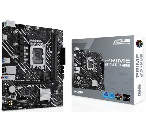 Материнская плата ASUS PRIME H610M-K D4 ARGB, LGA 1700, Intel H610, 2xDDR4, 4xSATA, 1xM.2, 1xPCIe 4.0 x16, 1xHDMI, 1x1Gb LAN, 2xUSB 5Gbps, 4xUSB 2.0, 7.1, mATX