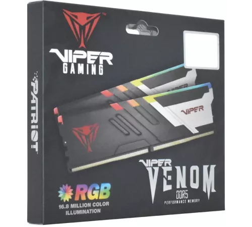 Оперативная память Patriot Memory Viper Venom RGB, DDR5, 48GB (2x24GB), 6000 MHz, CL30, с радиатором, RGB, серебристый/чёрный