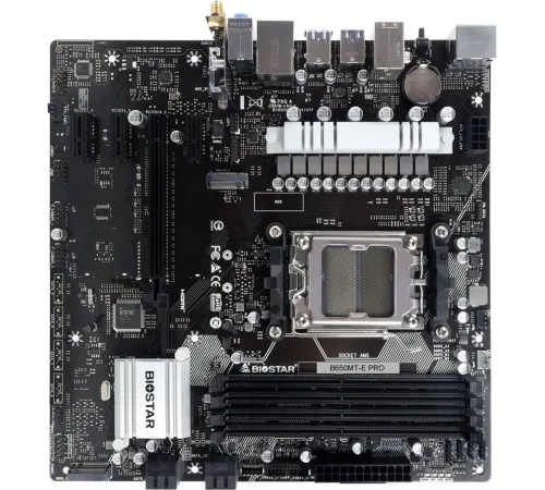 Материнская плата Biostar B650MT-E Pro SocketAM5 AMD B650 4xDDR5 mATX AC`97 8ch(7.1) 2.5Gg RAID+HDMI+DP