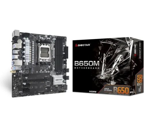 Материнская плата Biostar B650MT-E Pro SocketAM5 AMD B650 4xDDR5 mATX AC`97 8ch(7.1) 2.5Gg RAID+HDMI+DP