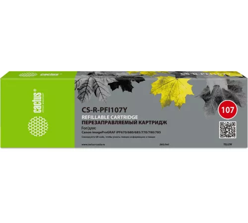 Картридж перезаправляемый струйный Cactus CS-R-PFI107Y желтый для Canon imageProGRAF iPF670/680/685/770/780/785
