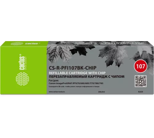 Картридж перезаправляемый струйный Cactus CS-R-PFI107BK-CHIP (260мл) для Canon imageProGRAF iPF670/680/685/770/780/785 с чипом