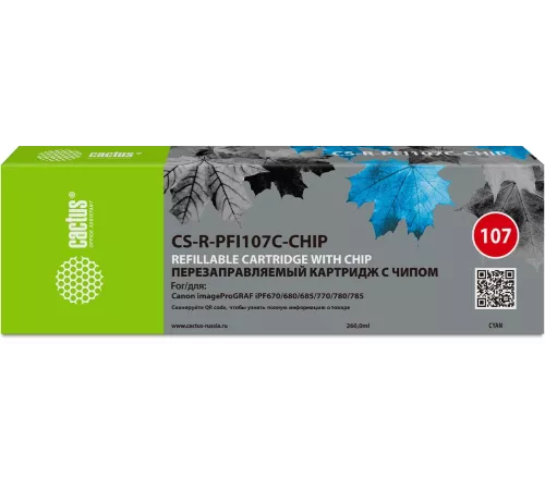 Картридж перезаправляемый струйный Cactus CS-R-PFI107C-CHIP голубой для Canon imageProGRAF iPF670/680/685/770/780/785
