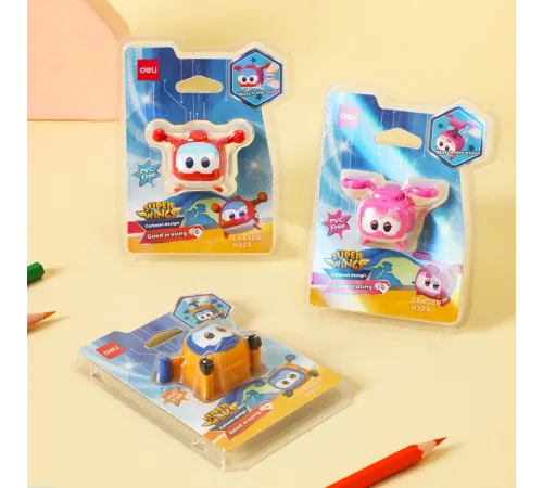 Ластик Deli EH325 Super Wings 40x30x30мм резина термопластичная ассорти блистер с европодвесом (1шт)