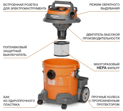 Строительный пылесос Daewoo DAVC 2014 1400Вт (уборка: сухая/сбор воды/выдув) оранжевый Строительный пылесос Daewoo DAVC 2014 1400Вт (уборка: сухая/сбор воды/выдув) оранжевый