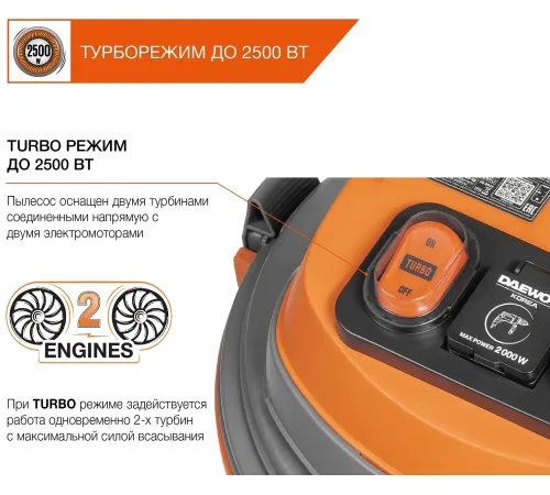 Строительный пылесос Daewoo DAVC 2000S 1500Вт (уборка: сухая/сбор воды/выдув) оранжевый Строительный пылесос Daewoo DAVC 2000S 1500Вт (уборка: сухая/сбор воды/выдув) оранжевый