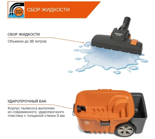 Строительный пылесос Daewoo DAVC 2000 Home 1500Вт (уборка: сухая/сбор воды/выдув) оранжевый Строительный пылесос Daewoo DAVC 2000 Home 1500Вт (уборка: сухая/сбор воды/выдув) оранжевый