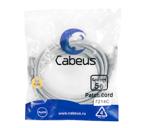 Cabeus PC-UTP-RJ45-Cat.5e-3m Патч-корд U/UTP, категория 5е, 2xRJ45/8p8c, неэкранированный, серый, PVC, 3м (PC-UTP-RJ45-Cat.5e-3m) Cabeus PC-UTP-RJ45-Cat.5e-3m Патч-корд U/UTP, категория 5е, 2xRJ45/8p8c, неэкранированный, серый, PVC, 3м (PC-UTP-RJ45-Cat.5e-3m)