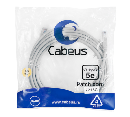 Cabeus PC-UTP-RJ45-Cat.5e-5m Патч-корд U/UTP, категория 5е, 2xRJ45/8p8c, неэкранированный, серый, PVC, 5м (PC-UTP-RJ45-Cat.5e-5m) Cabeus PC-UTP-RJ45-Cat.5e-5m Патч-корд U/UTP, категория 5е, 2xRJ45/8p8c, неэкранированный, серый, PVC, 5м (PC-UTP-RJ45-Cat.5e-5m)