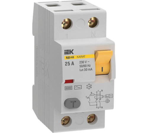 Выключатель дифференциального тока (УЗО) 2п 25А 30мА 6кА тип AC ВД3-63 KARAT IEK MDV20-2-025-030