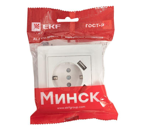EKF ERR16-028-100-2USB Минск Розетка 1-местная СП с/з 16А белая с защ. штор. с 2 USB 2,1А EKF EKF ERR16-028-100-2USB Минск Розетка 1-местная СП с/з 16А белая с защ. штор. с 2 USB 2,1А EKF
