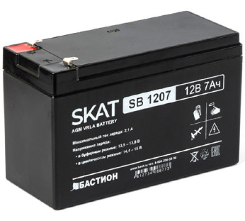 2533 SKAT SB 1207, 12В, 7Ач, максимальный ток заряда 2,1 А. Тип клеммы — F1 нож. Размер корпуса — 66х151х100. Вес — 2,1 кг. Срок службы — 6 лет. Гарантия - 18 месяцев. Бастион SKAT SB 1207 2533 SKAT SB 1207, 12В, 7Ач, максимальный ток заряда 2,1 А. Тип клеммы — F1 нож. Размер корпуса — 66х151х100. Вес — 2,1 кг. Срок службы — 6 лет. Гарантия - 18 месяцев. Бастион SKAT SB 1207