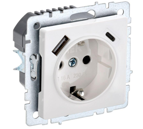 Розетка BRITE РЮш11-1-БрБ 16А с USB A+C 18Вт с заземл. защ. шторки бел. IEK BR-R14-16-U22-018-K01