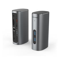 Док-станция Vention USB-C to HDMI/VGA/USB 3.1 Gen 2/USB 3.1 Gen 2-C/USB 3.0x2/RJ45/SD/TF/TRRS 3.5mm/PD/DC Docking Station Gray Vertical Aluminum Alloy Type EU Standard (TPJH0-EU)