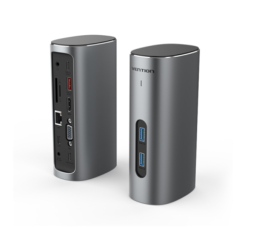 Док-станция Vention USB-C to HDMI/VGA/USB 3.1 Gen 2/USB 3.1 Gen 2-C/USB 3.0x2/RJ45/SD/TF/TRRS 3.5mm/PD/DC Docking Station Gray Vertical Aluminum Alloy Type EU Standard (TPJH0-EU)