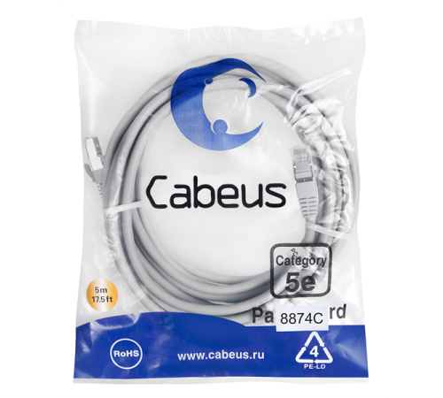 Cabeus PC-FTP-RJ45-Cat.5e-5m-LSZH Патч-корд F/UTP, категория 5е, 2xRJ45/8p8c, экранированный, серый, LSZH, 5м (PC-FTP-RJ45-Cat.5e-5m-LSZH) Cabeus PC-FTP-RJ45-Cat.5e-5m-LSZH Патч-корд F/UTP, категория 5е, 2xRJ45/8p8c, экранированный, серый, LSZH, 5м (PC-FTP-RJ45-Cat.5e-5m-LSZH)