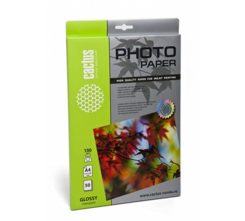 Фотобумага Cactus CS-GA413050 A4/130г/м2/50л./белый глянцевое для струйной печати Фотобумага Cactus CS-GA413050 A4/130г/м2/50л./белый глянцевое для струйной печати
